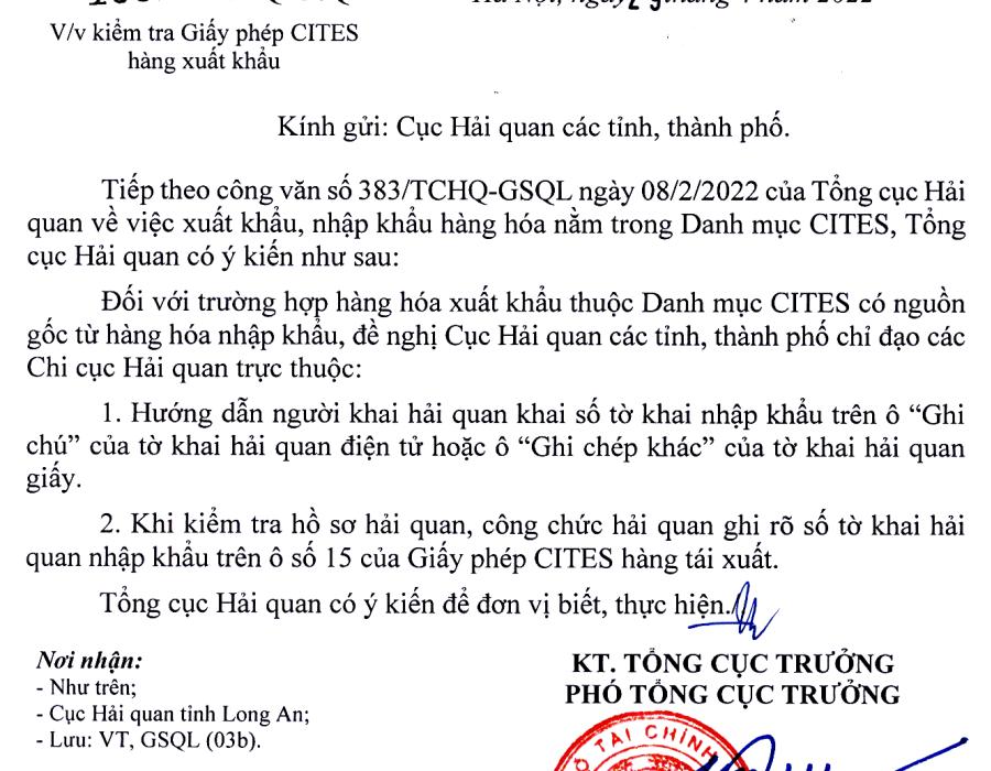 QUY ĐỊNH VỀ NỘP GIẤY PHÉP CITES KHI XUẤT KHẨU VÀ TÁI XUẤT